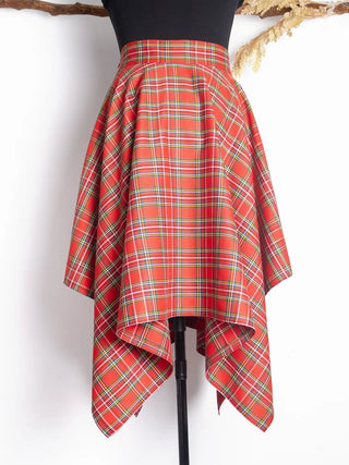 Back view of the Bonnie Skirt – high-waisted red tartan skirt with handkerchief hem and asymmetric silhouette, handmade by Cori Tailor.