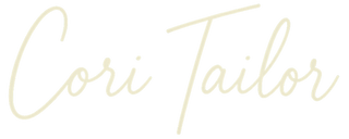 Cori Tailor logo in handwritten script, glowing in soft neon light against a teal background.